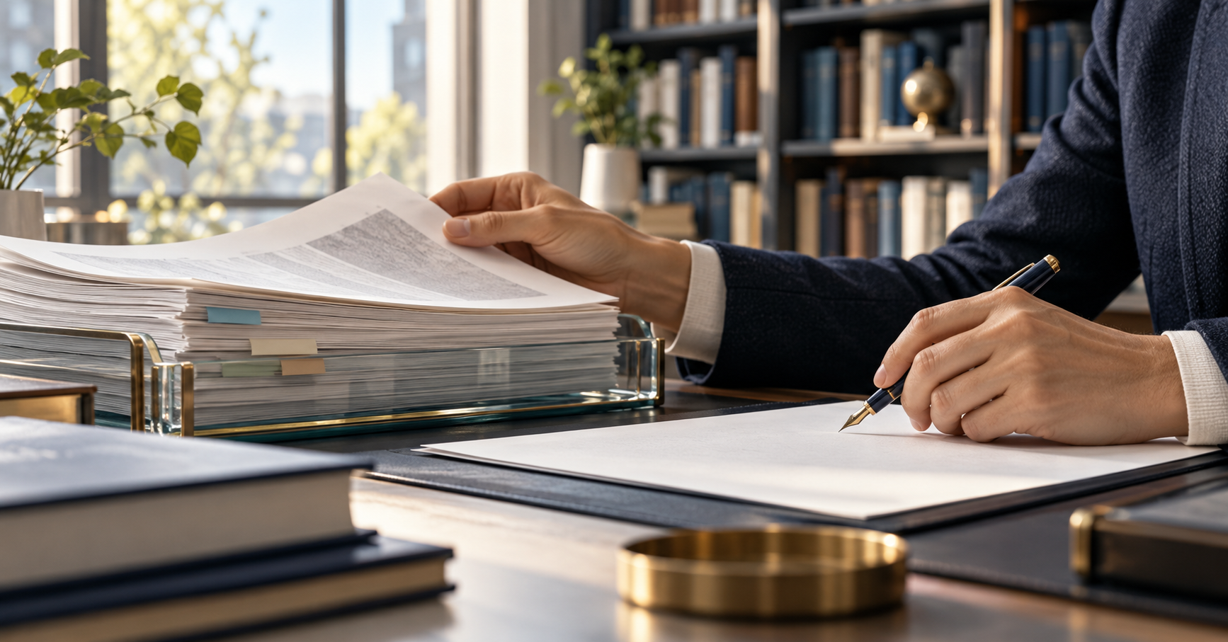 Conceptual illustration of an academic reviewing a prepared research dossier, with a pen poised for human judgment.