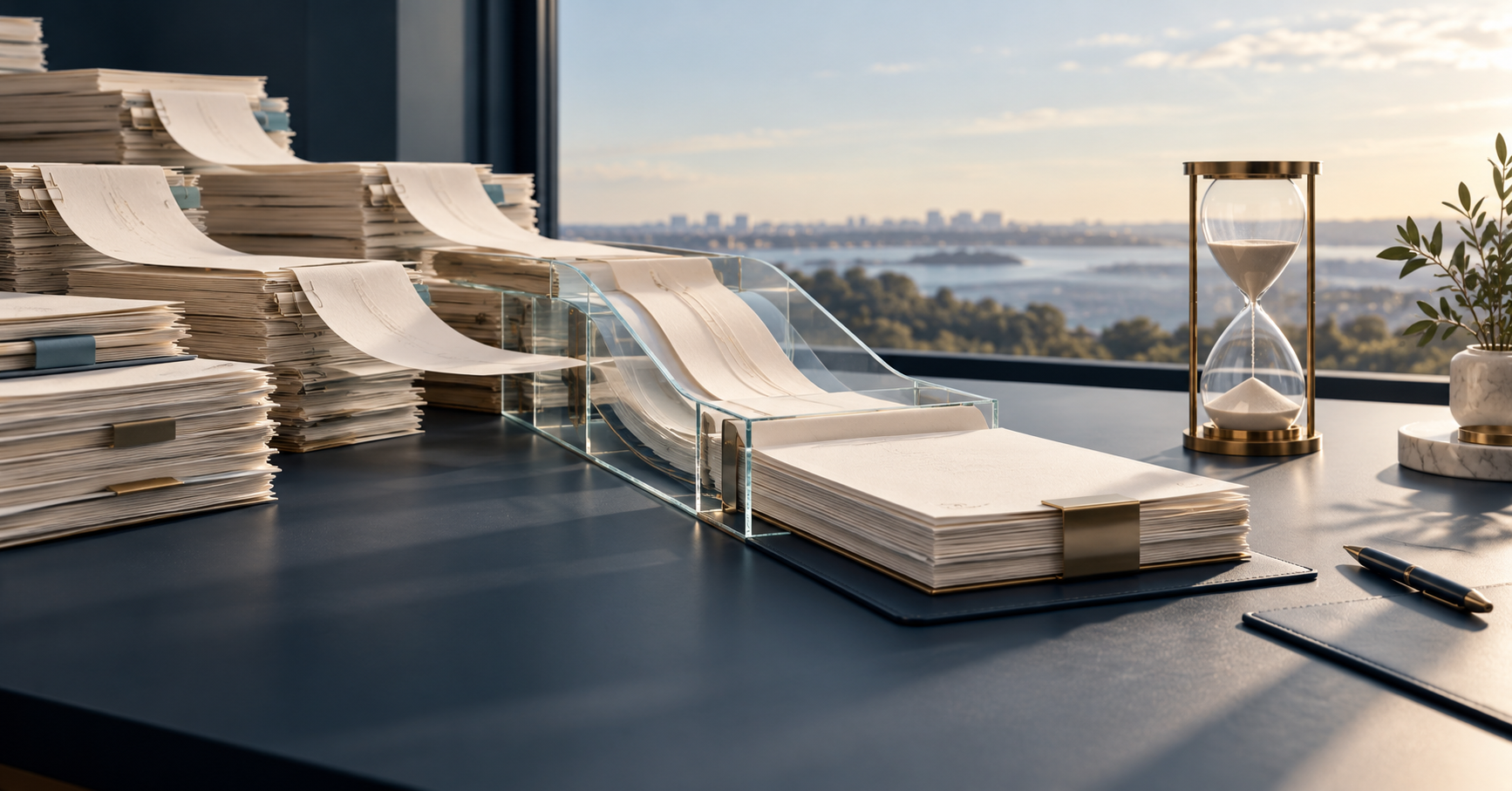 Conceptual illustration of paper workflows converging into an organised dossier beside an hourglass.